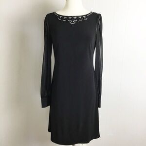 Eliza J Long Sheer Sleeve Black Jeweled Dress 6 Evening
